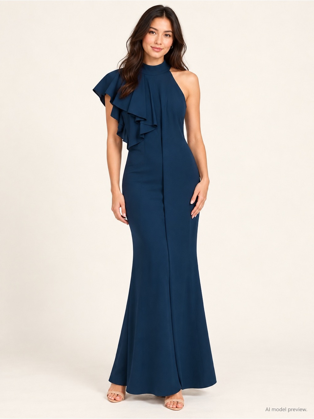 Lulu's Navy One-Shoulder Ruffle Halter Gown